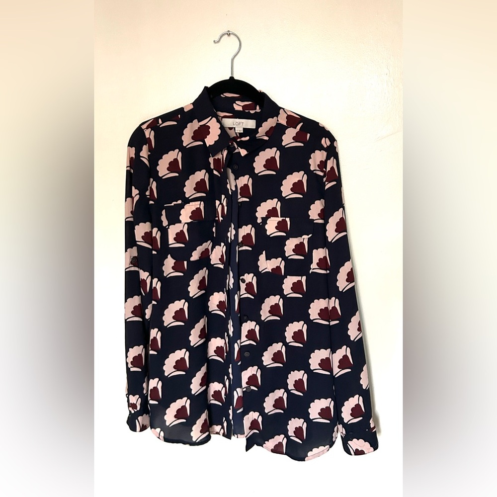 Navy Button-Up Blouse with burgundy & blush floral pattern